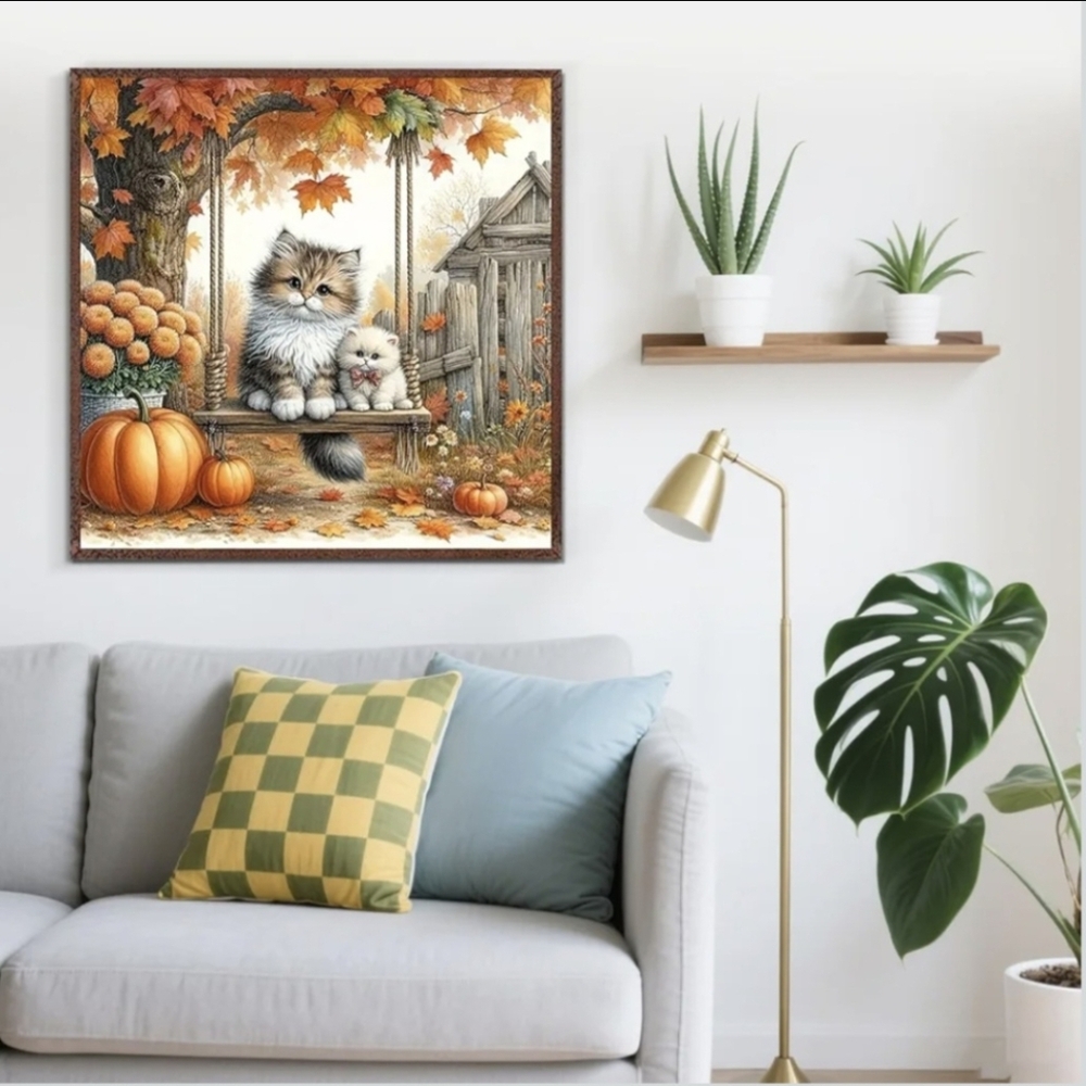 Fall Pumpkin Flowers Leaves Kitty Cats 5D Diamond Painting Kit New - Picture 3 of 7